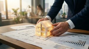 ידיים של יזם נדל"ן או איש עסקים מחזיקות דגם מואר של בית מעל שרטוטים אדריכליים וגרפים של החזר השקעה על שולחן משרדי